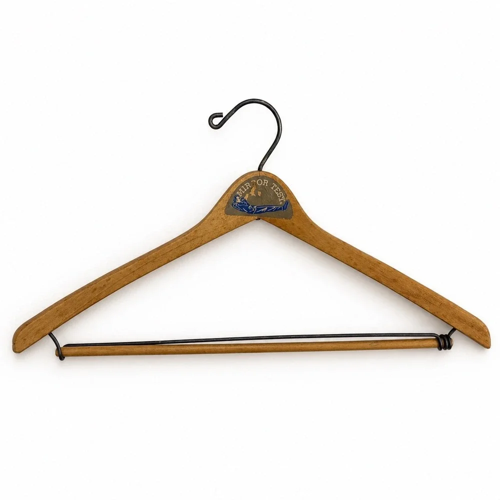 Vintage Mirror Test Wooden Wishbone Coat Hanger Trouser Bar Advertising Brown